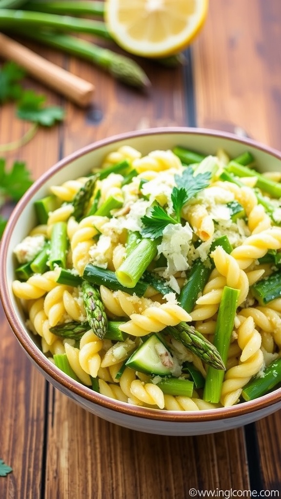 A vibrant Lemon Asparagus Zucchini Orzo Salad served in a bowl, with asparagus, zucchini, and orzo pasta, garnished with parsley and Parmesan.